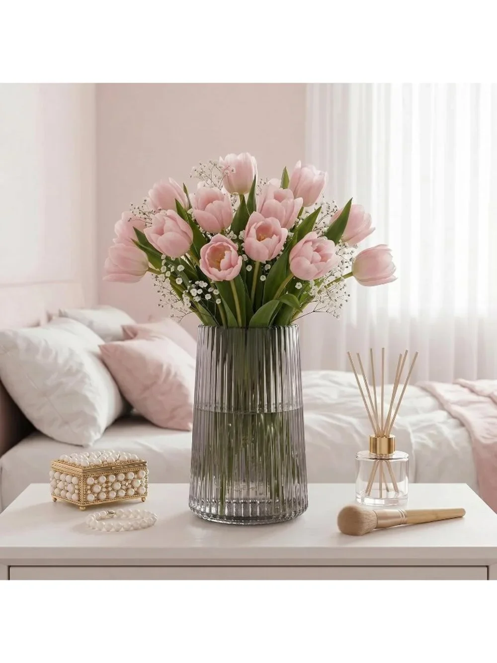 8 Inches Modern Black Glass Vase Flower Bouquet Living Room Bedroom Home Deco